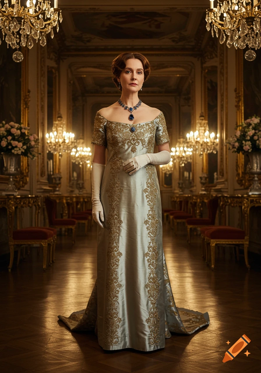 A woman in an elaborate gold and light blue gown with long white gloves and a sapphire necklace stands in a grand, chandelier-lit hall.