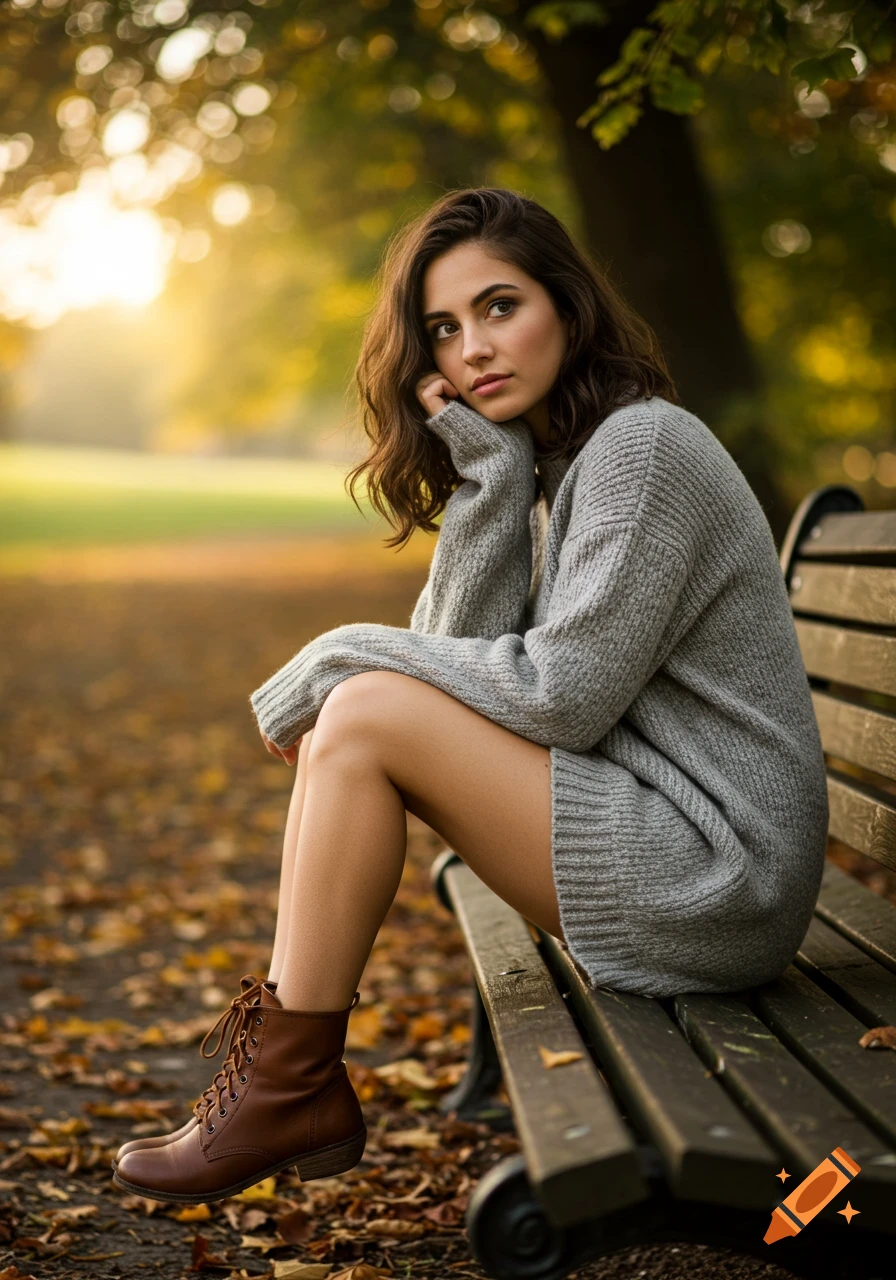 A woman in a grey sweater and brown boots sits pensively on a park bench amidst fallen autumn leaves, illuminated by golden light.
