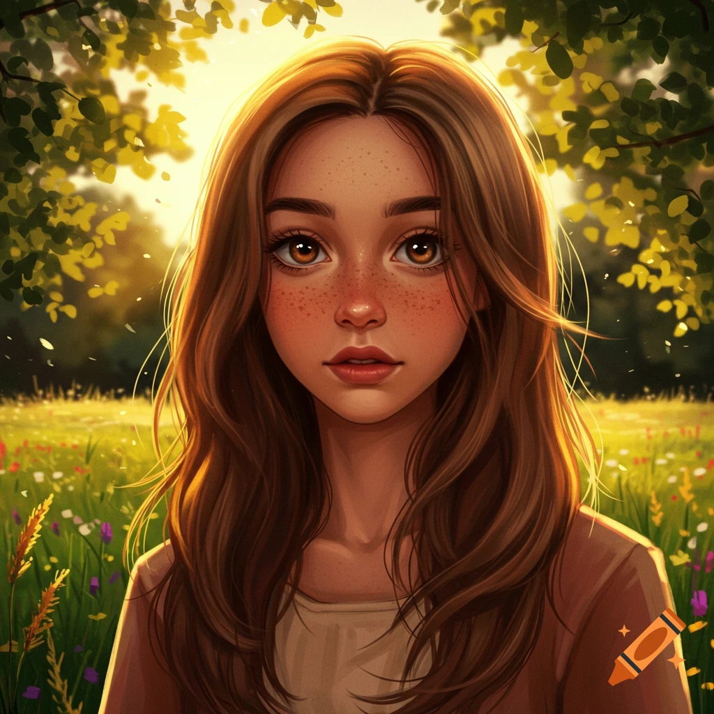 Stylized portrait of a girl with brown hair and freckles, in a sunlit field with trees.