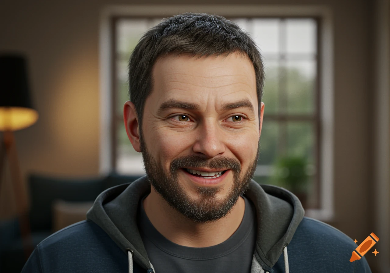 Photorealistic portrait of a smiling man with a beard and short dark hair wearing a blue hoodie indoors.