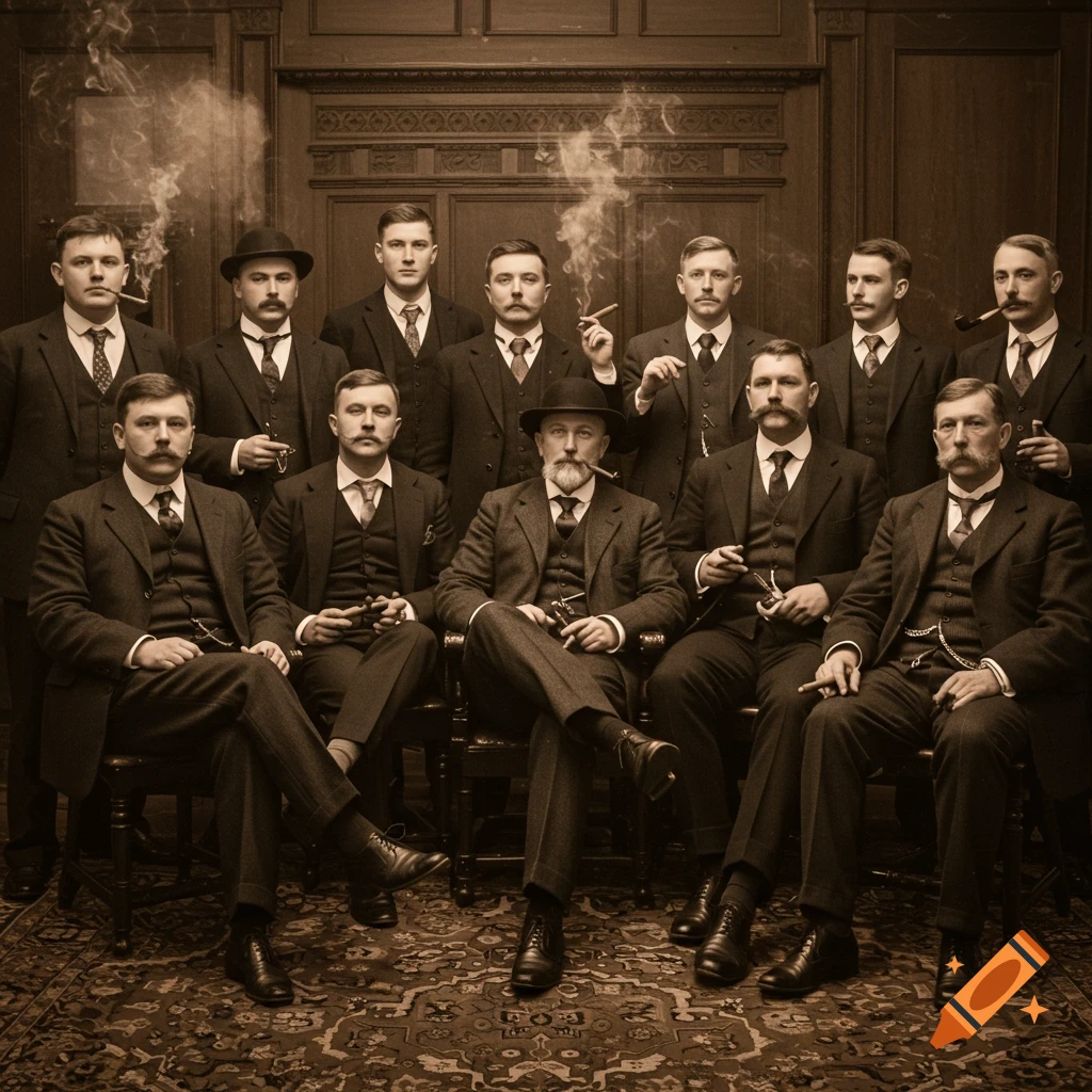 A sepia-toned vintage-style photograph of a group of stern men in suits, some smoking pipes or cigars, posing indoors.