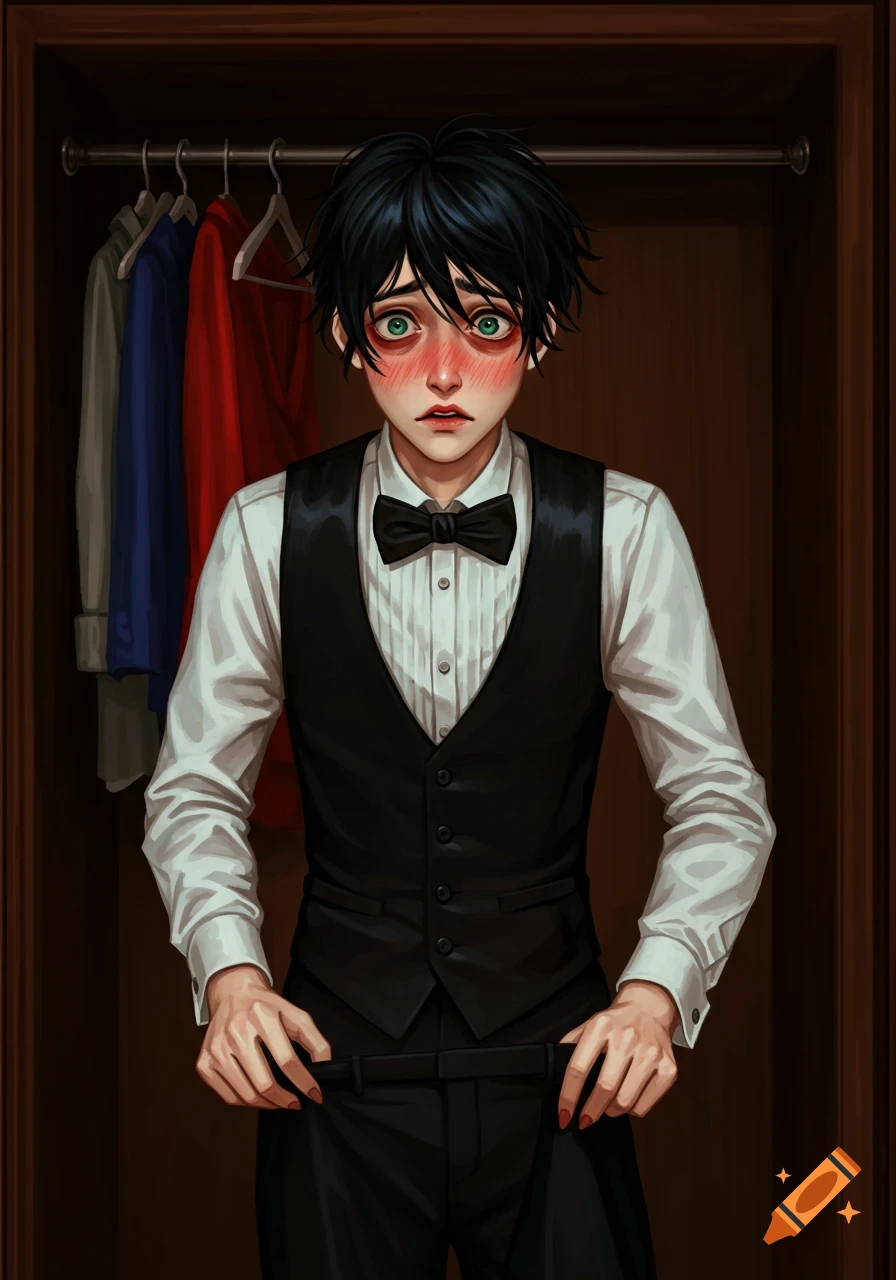 A young man with black hair and green eyes, a crimson blush on his face, looks flustered while clutching his pants in a dark wooden closet.