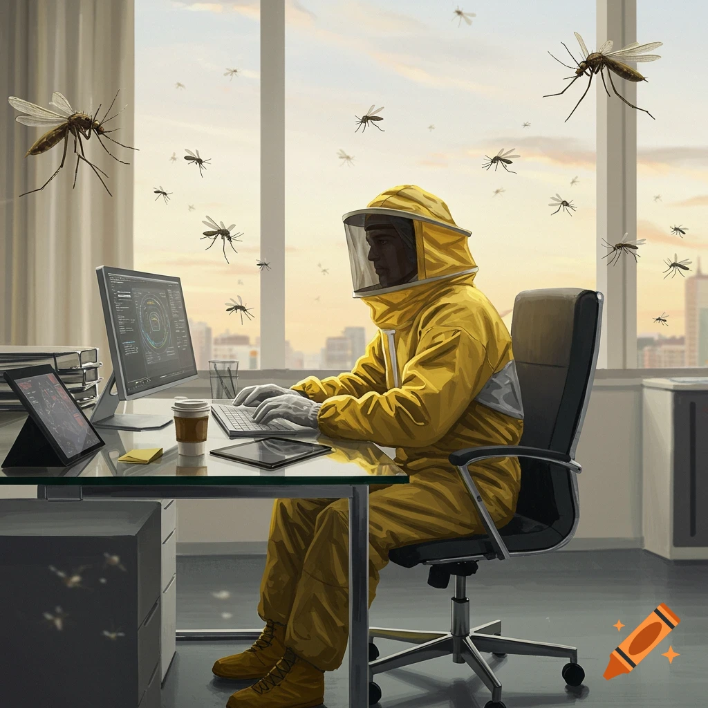 A person in a yellow hazmat suit works at a desk with a computer, surrounded by large mosquitoes flying around in an office.