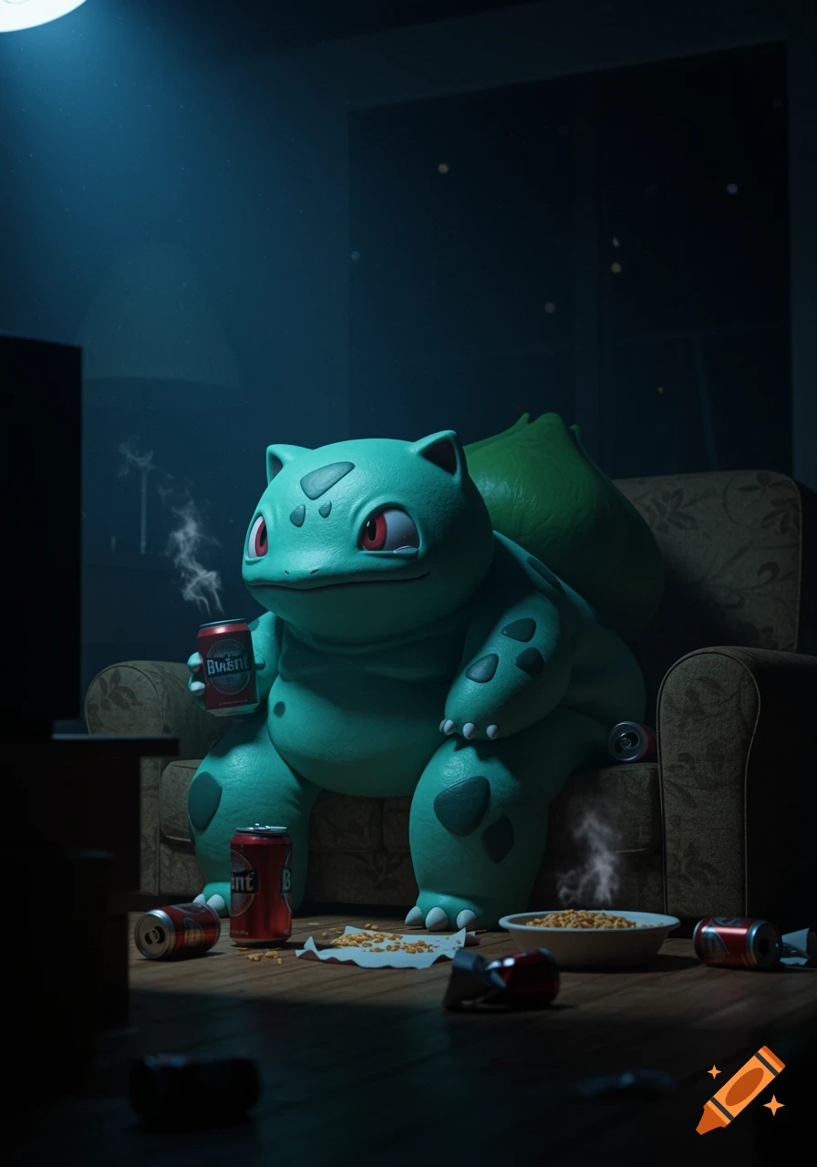 An obese Bulbasaur sits on a sofa in a dark room, holding a soda can with smoke rising from it, surrounded by empty cans and popcorn on the floor, watching TV in a blue-lit scene.