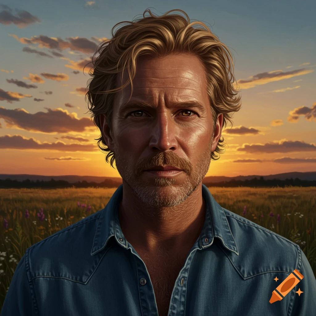 A man with blonde hair and a beard stands in a field at sunset.