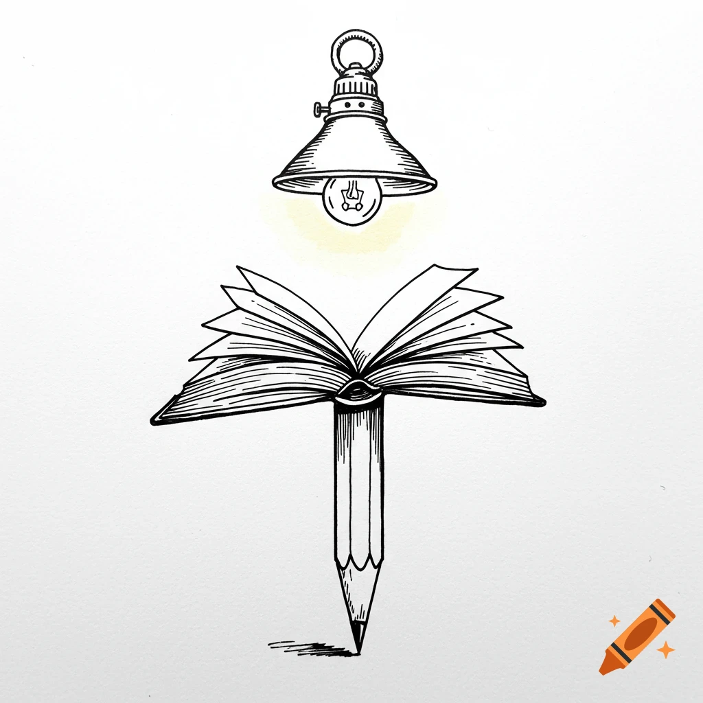 A minimalist black ink sketch illustration of a character with an open book as a torso, a pencil as a body, and a lit lamp as a head.
