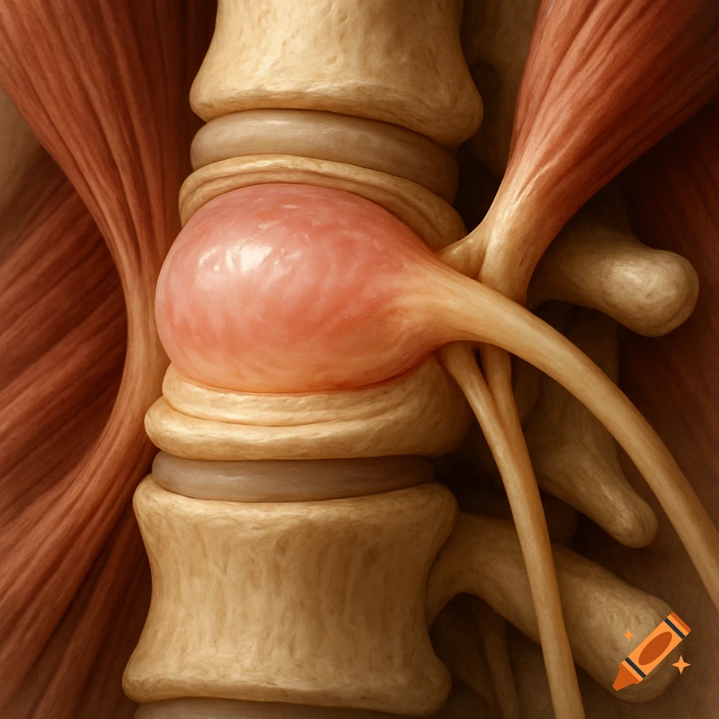 Close-up detailed anatomical illustration of a lumbar disc bulge compressing nerves, with surrounding muscles and vertebrae.