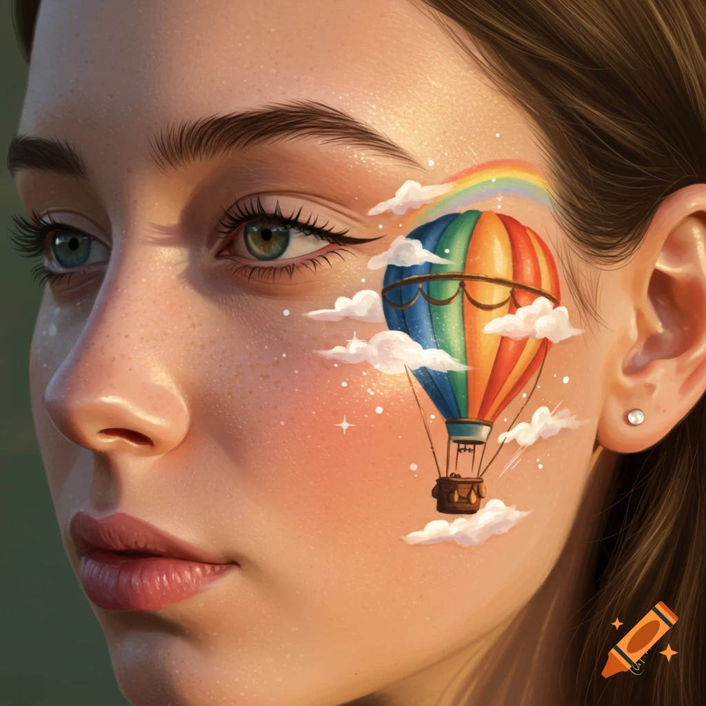 Close-up portrait of a woman with a colorful hot air balloon, clouds, and rainbow painted on her cheek.