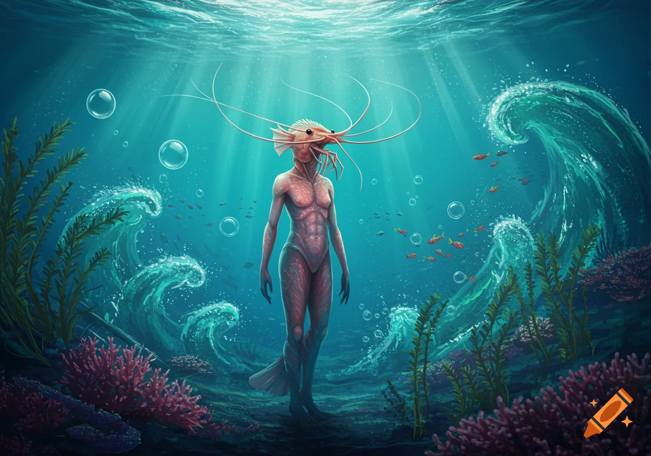 Humanoid creature with a shrimp head stands underwater, surrounded by coral, fish, and large waves, with light filtering from above.