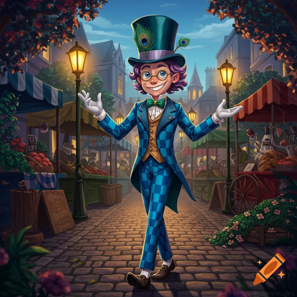 A cheerful, cartoonish character in a checkered blue suit and a top hat with peacock feathers stands smiling in a vibrant marketplace.