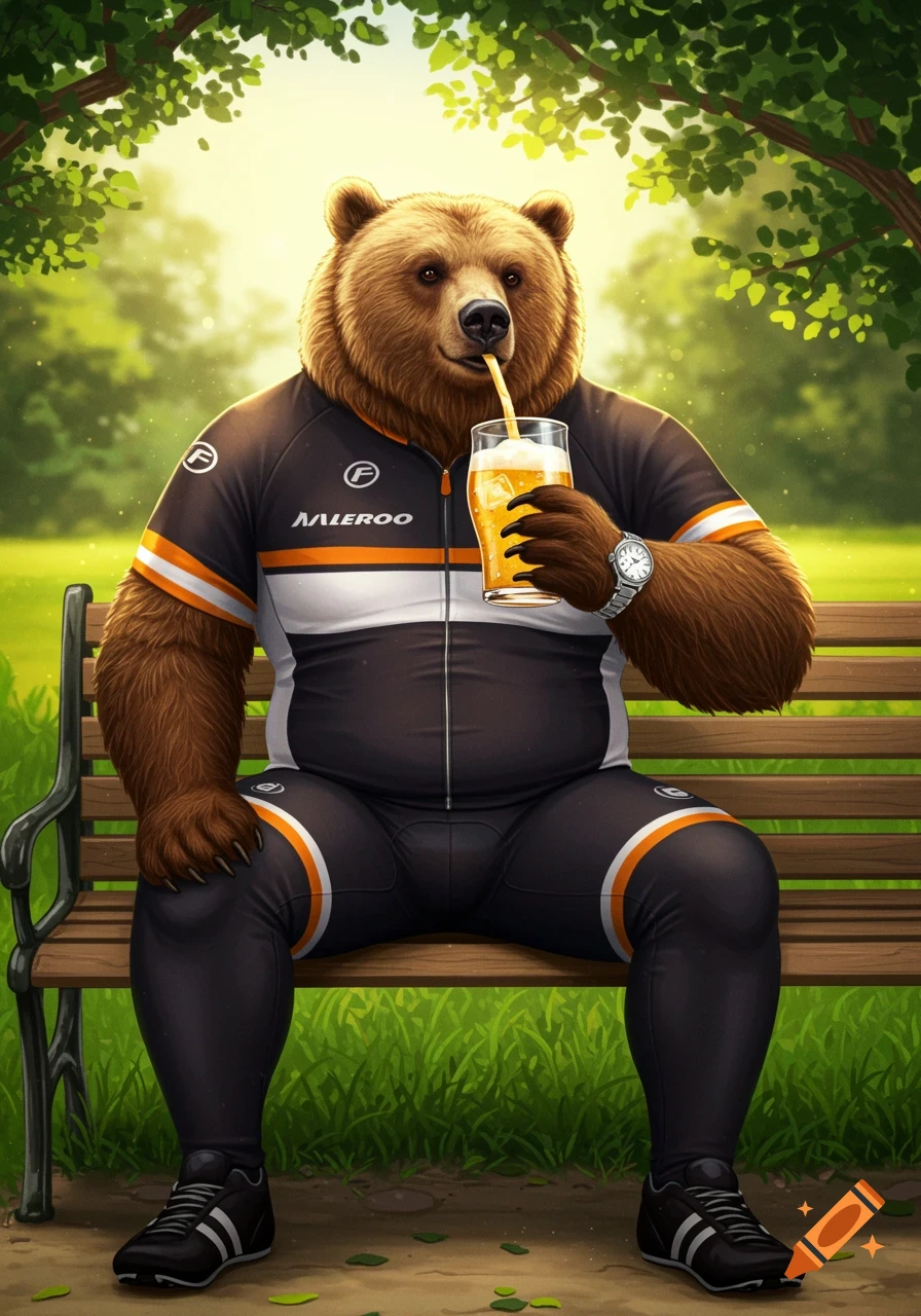 A brown bear in black, white, and orange cycling gear sits on a park bench, drinking from a glass with a straw.