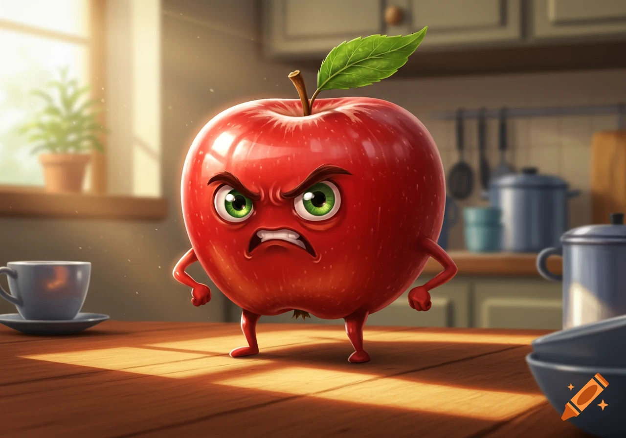 A cartoonish angry red apple with green eyes, arms, and legs stands on a kitchen table.