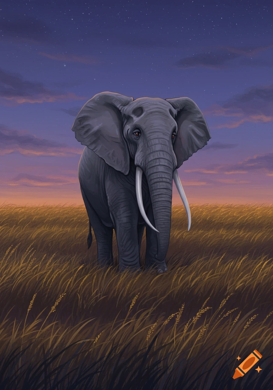 An elephant stands in tall grass under a twilight sky with stars.