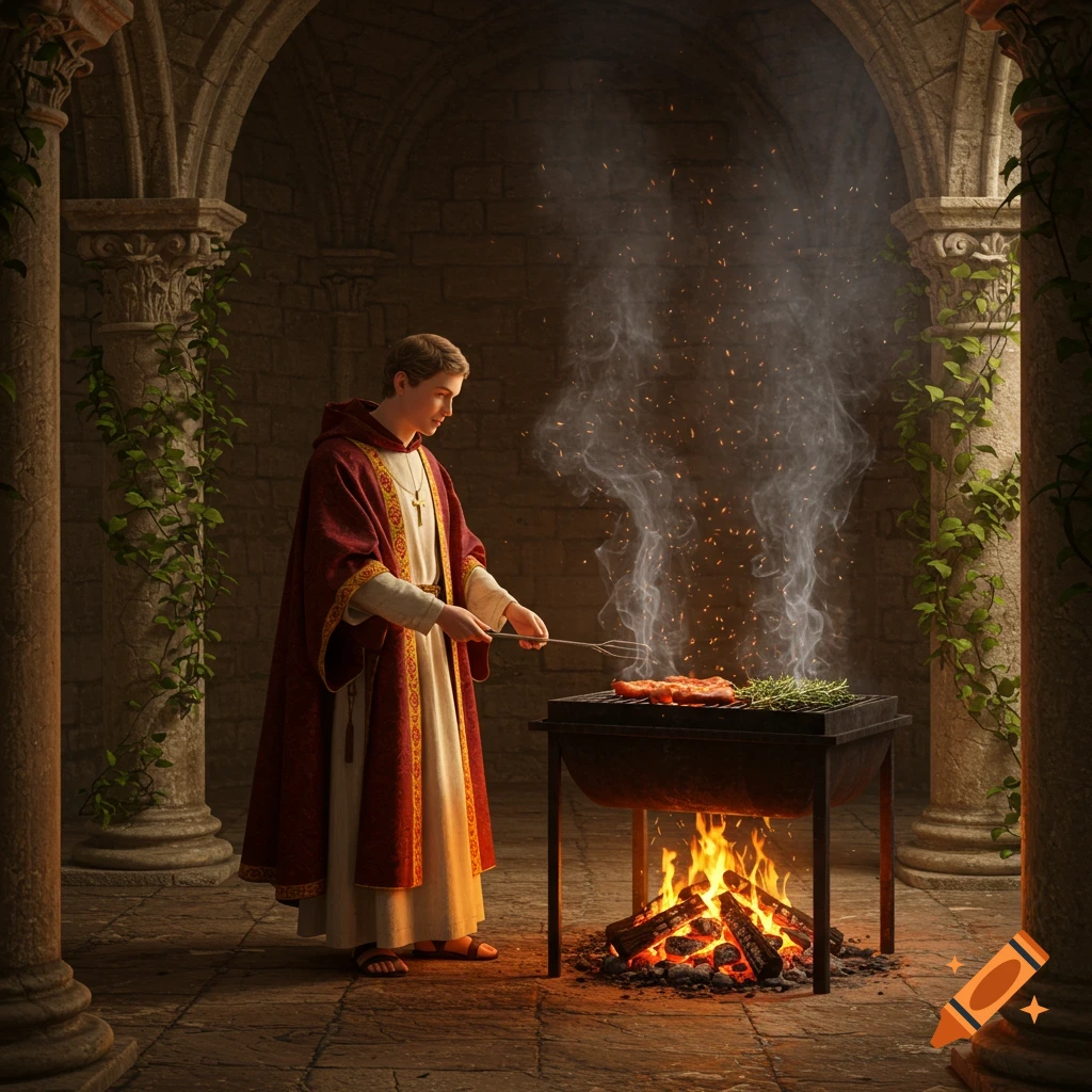 A young man in a red and white monastic robe grills food over an open fire in a stone archway with ivy.