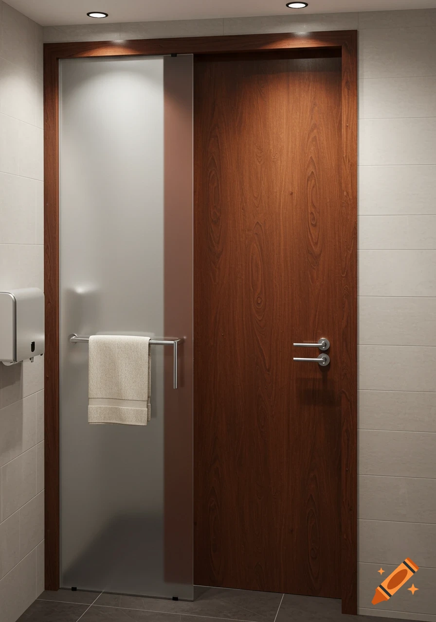 Photorealistic image of a modern washroom with a frosted glass shower door, a wooden door, and a towel on a rail.