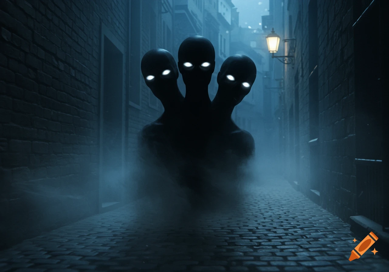 A dark, three-headed shadow figure with glowing eyes stands in a misty, moonlit cobblestone alley.