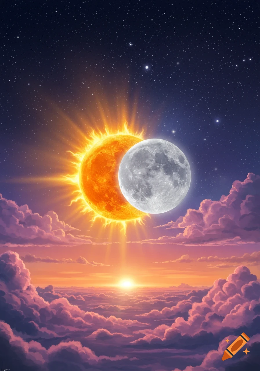 A vibrant celestial scene featuring a partial eclipse of the bright sun by the moon, set above colorful clouds and a starry night sky.