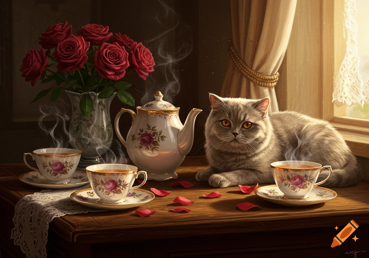 A fluffy grey cat beside a steaming teapot and teacups adorned with roses on a sunlit wooden table.