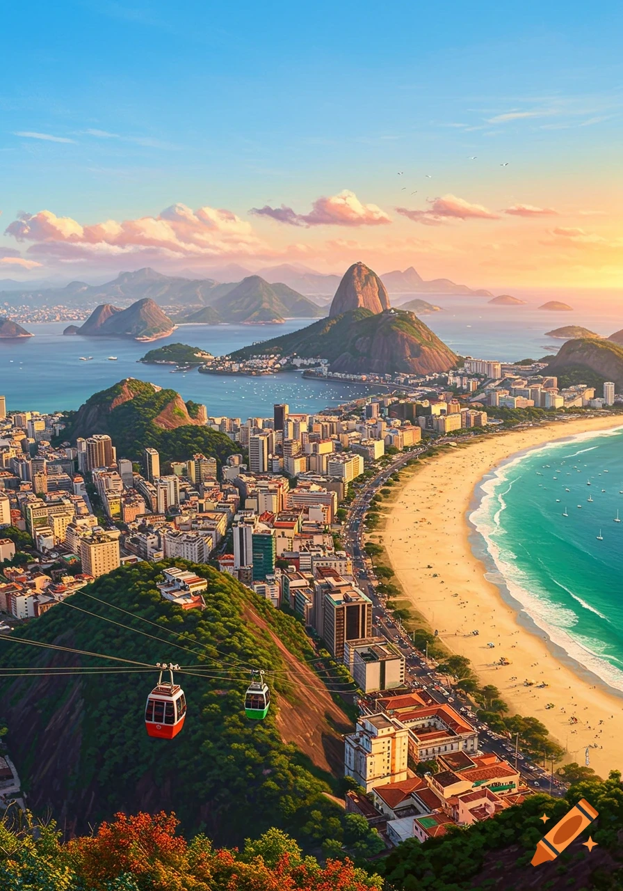 Aerial view of Rio de Janeiro with Sugarloaf Mountain, a city, and a long beach at sunset, with cable cars.