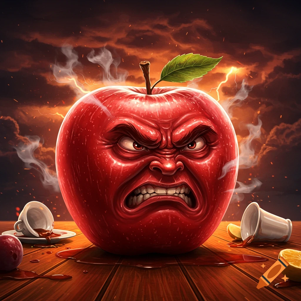 An angry red apple with a furrowed brow, bared teeth, and steam, on a wooden table with spilled liquid under a fiery sky.