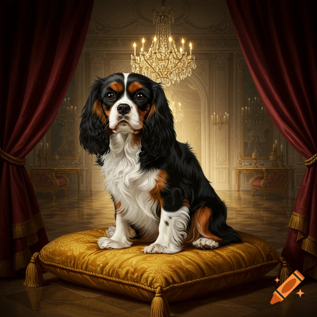 A tri-color King Charles Cavalier Spaniel dog sits on a golden pillow in a luxurious room with a chandelier and red curtains.