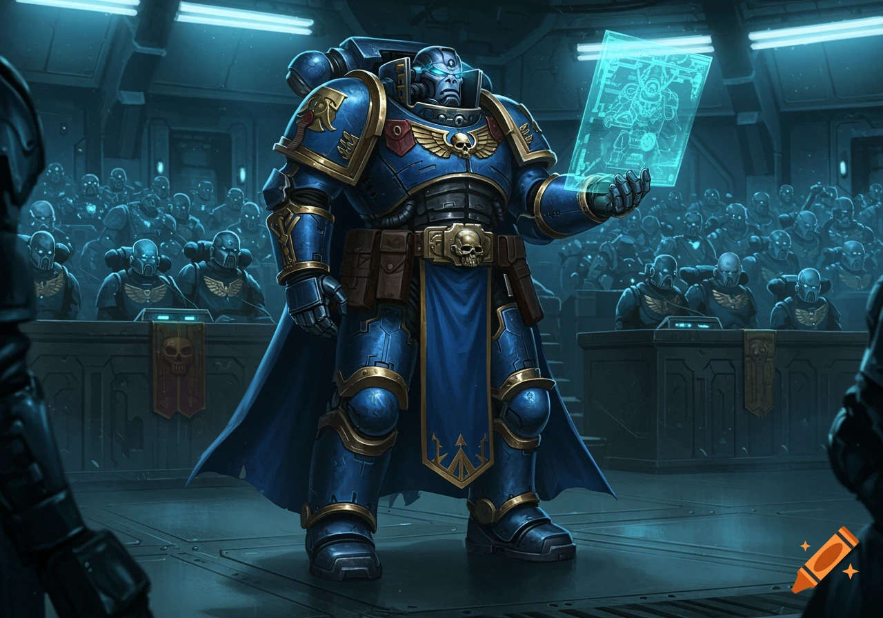 A blue armored Space Marine in a futuristic hall holds a glowing holographic display, addressing an assembly of figures.