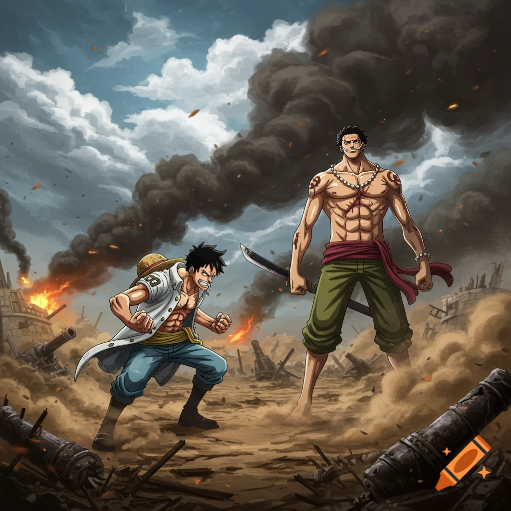 Two anime characters, resembling Luffy and Whitebeard, face off on a smoke-filled, destroyed battlefield with broken cannons, amidst a tense sky.