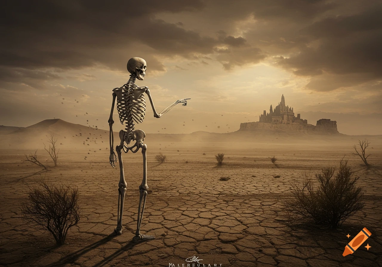A skeleton stands in a desolate, cracked desert, pointing towards a large, ominous castle under a cloudy, dramatic sky.