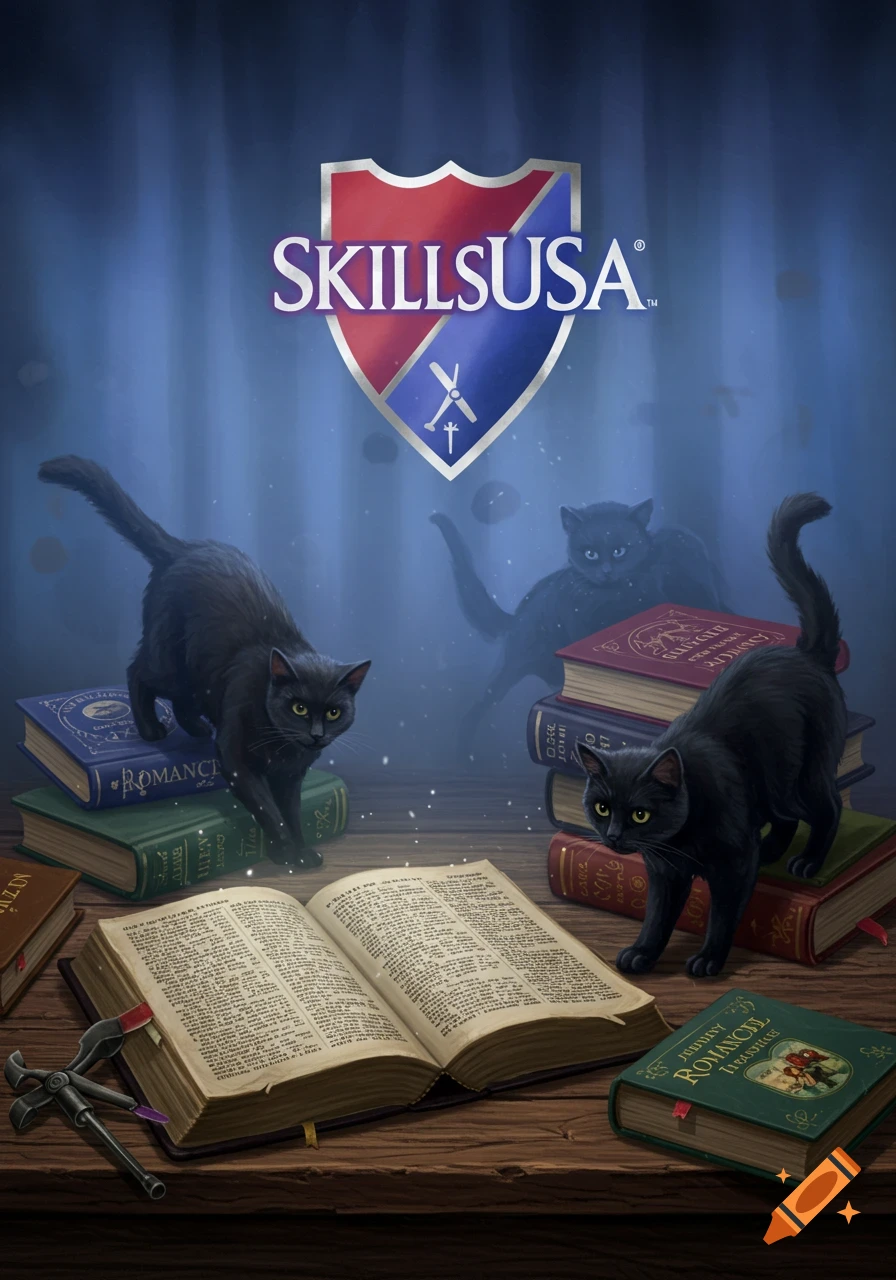 A magical illustration featuring two black cats on a wooden table surrounded by stacks of books, with an open book in the foreground and a SkillsUSA emblem hovering above in a lavender blue glow.