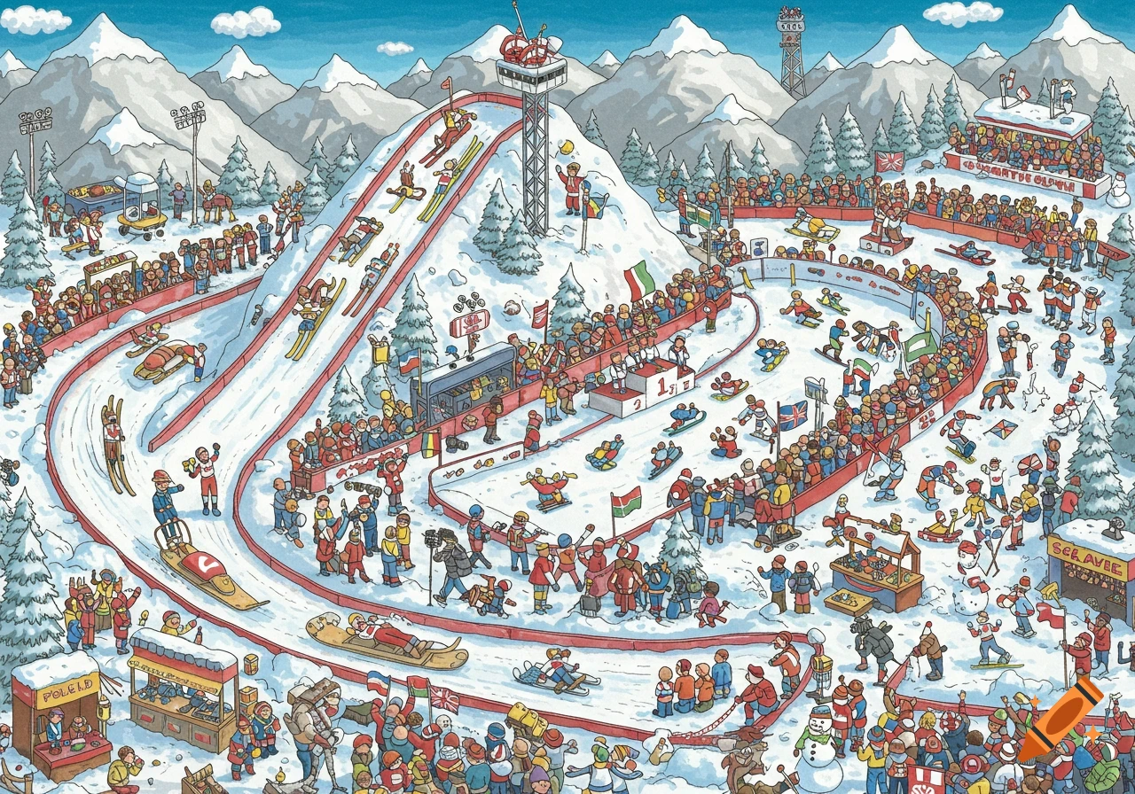 A detailed Where's Waldo style illustration of a crowded winter sports event, featuring ski jumps, luge, speed skating, and spectators in a snowy mountain setting.