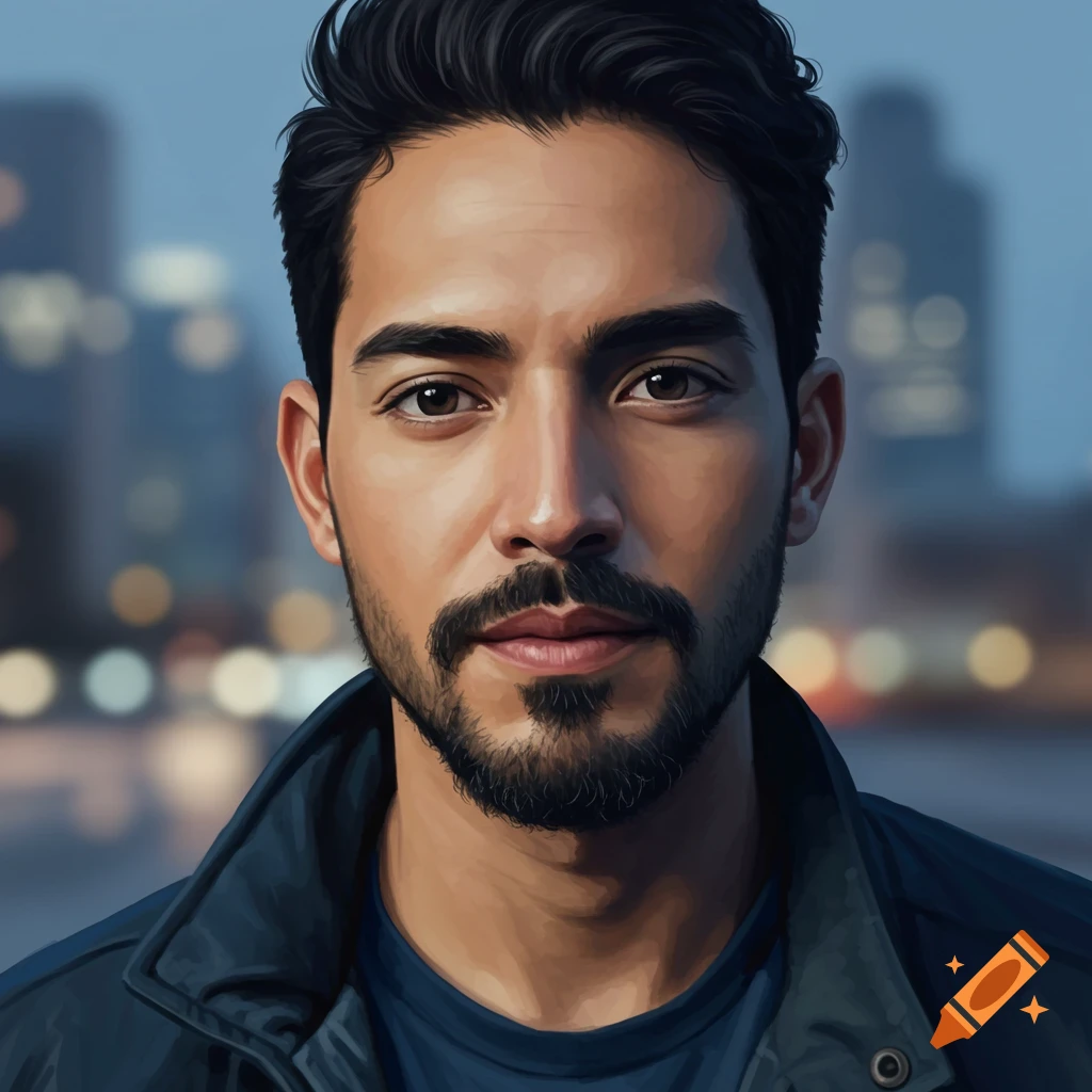 Close-up realistic portrait of a Latino man with dark hair and a beard, set against a blurred city background at dusk.