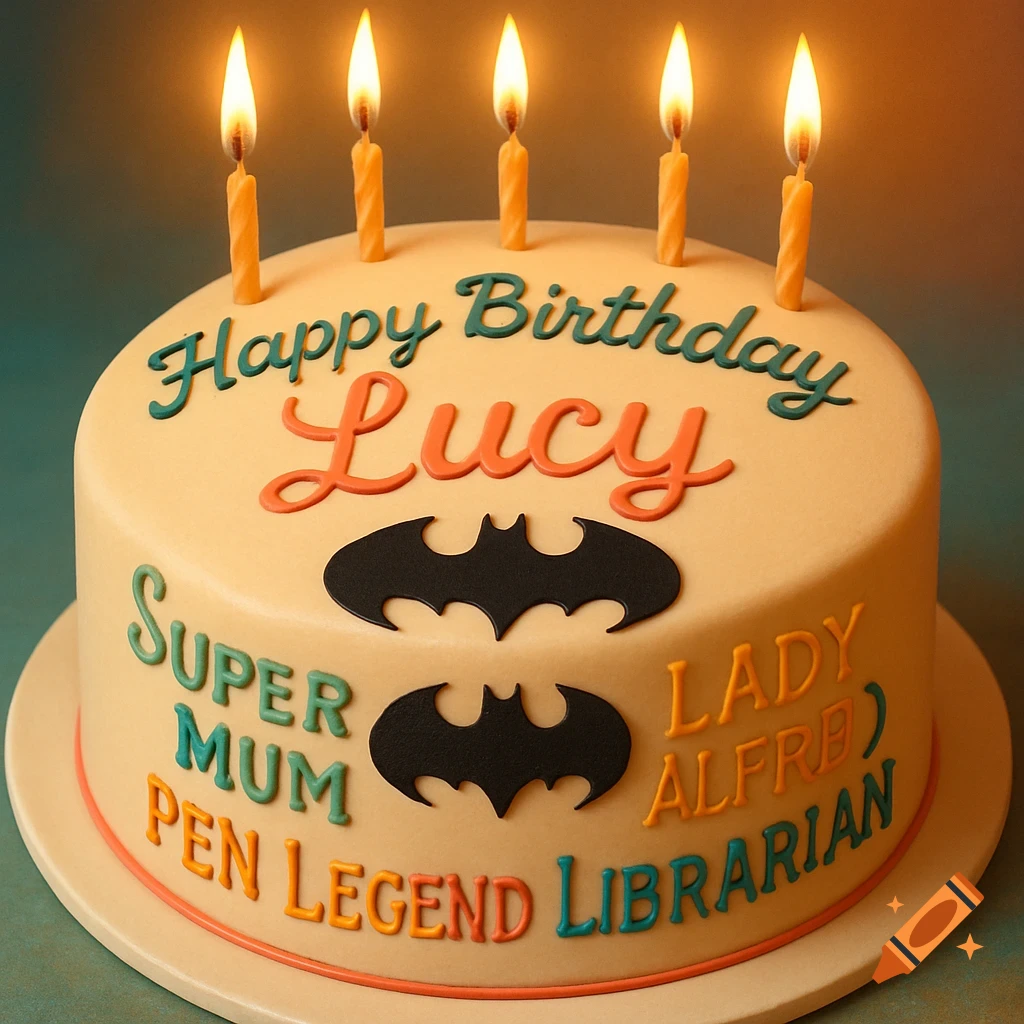 A birthday cake with five lit candles on top and various phrases and two Batman symbols on the icing. The phrases include 'Happy Birthday Lucy', 'Super Mum', 'PEN LEGEND', 'LADY ALFRED)', and 'LIBRARIAN' in different colored icing.