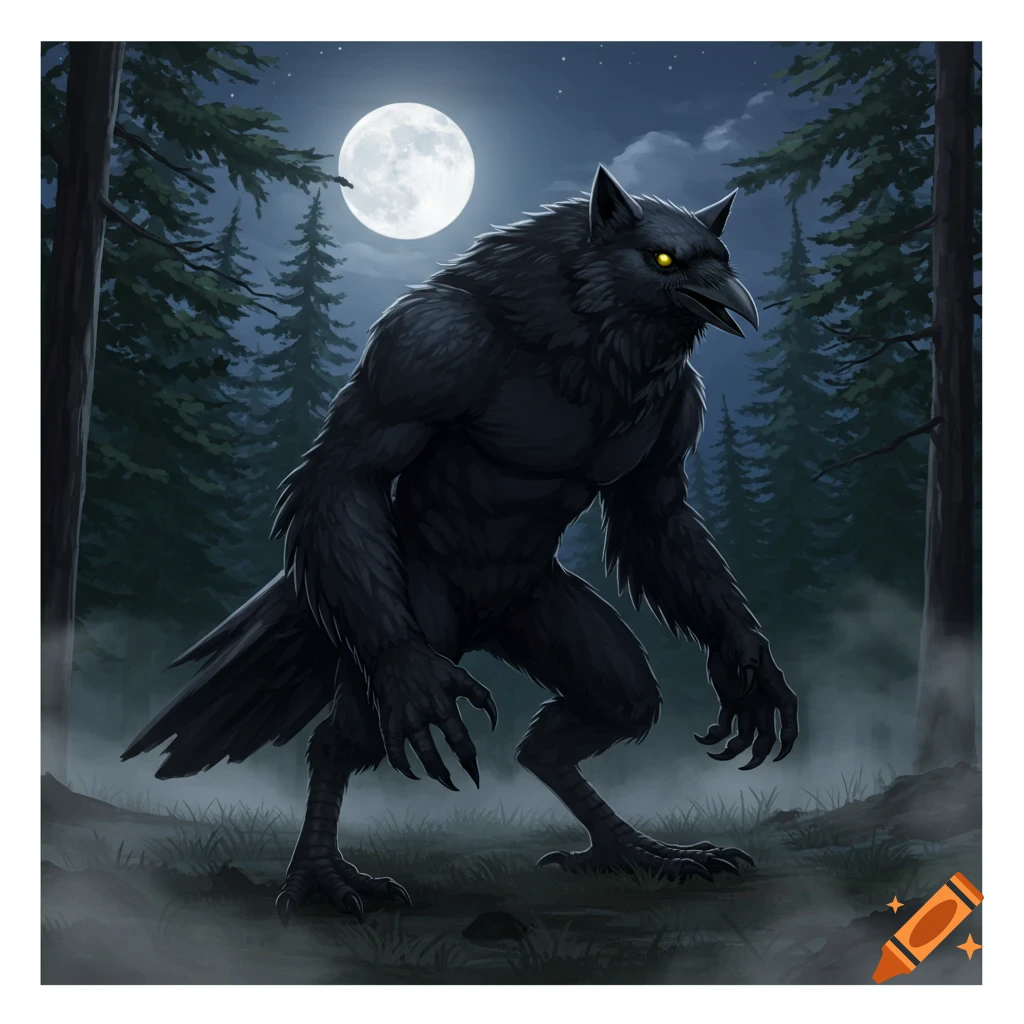A black feathered crow-like werewolf with glowing yellow eyes stands in a dark, misty forest at night under a full moon, digital painting.