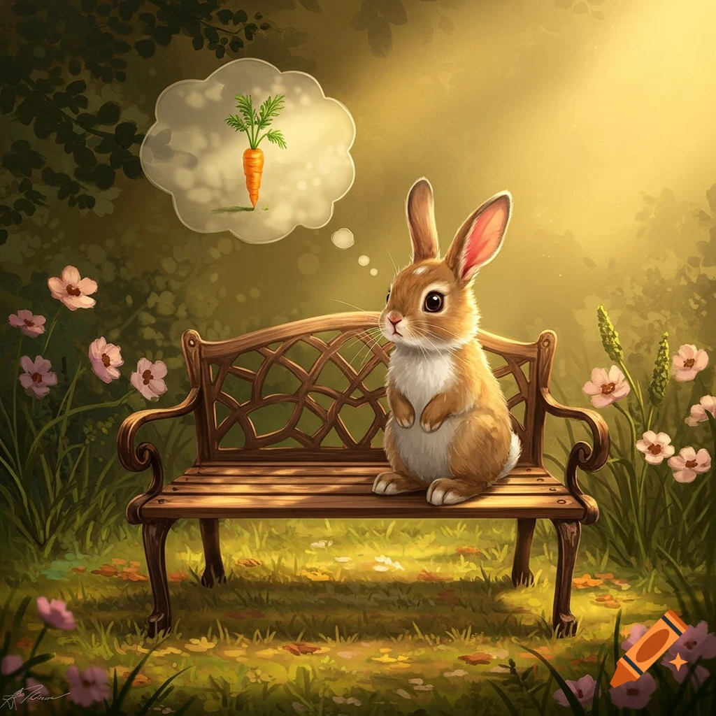 A cute brown and white bunny sits on a wooden park bench in a sunny, green garden, dreaming of a carrot in a thought bubble.