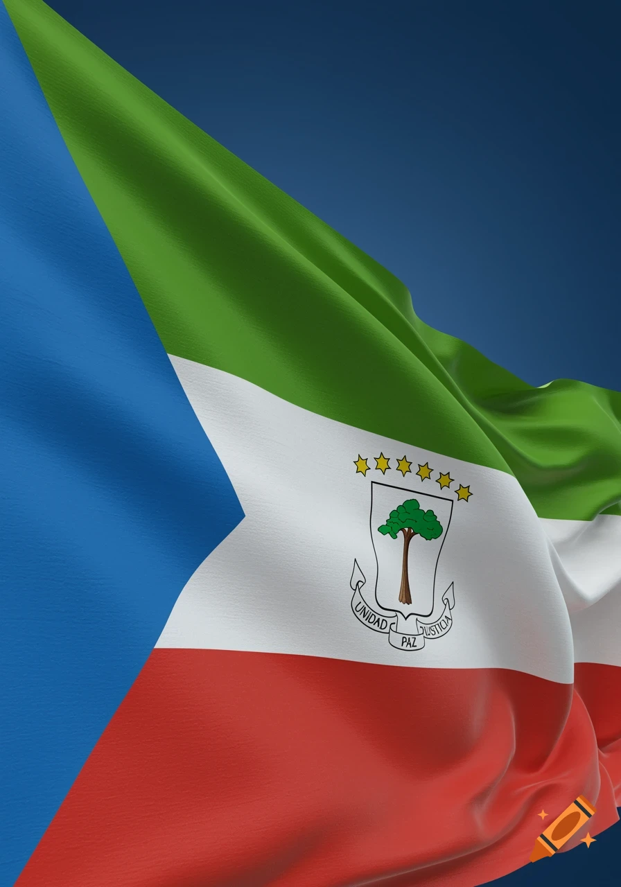 The flag of Equatorial Guinea, with green, white, red horizontal stripes, a blue triangle, and its coat of arms in the center.