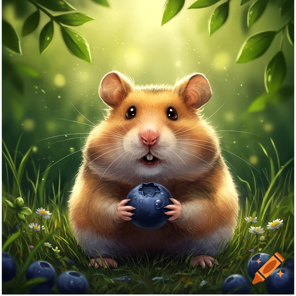 A cute, fluffy hamster sits in a lush green forest, holding a large blueberry. More blueberries and small white flowers are on the ground.
