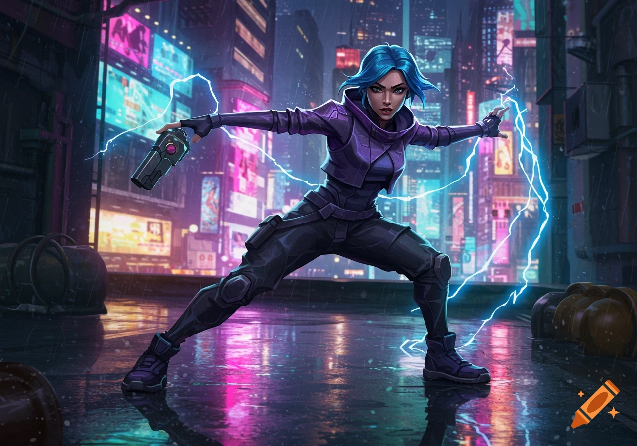 A female character with blue hair in a purple and black suit, wielding electricity and a weapon in a rainy, neon-lit cyberpunk city.