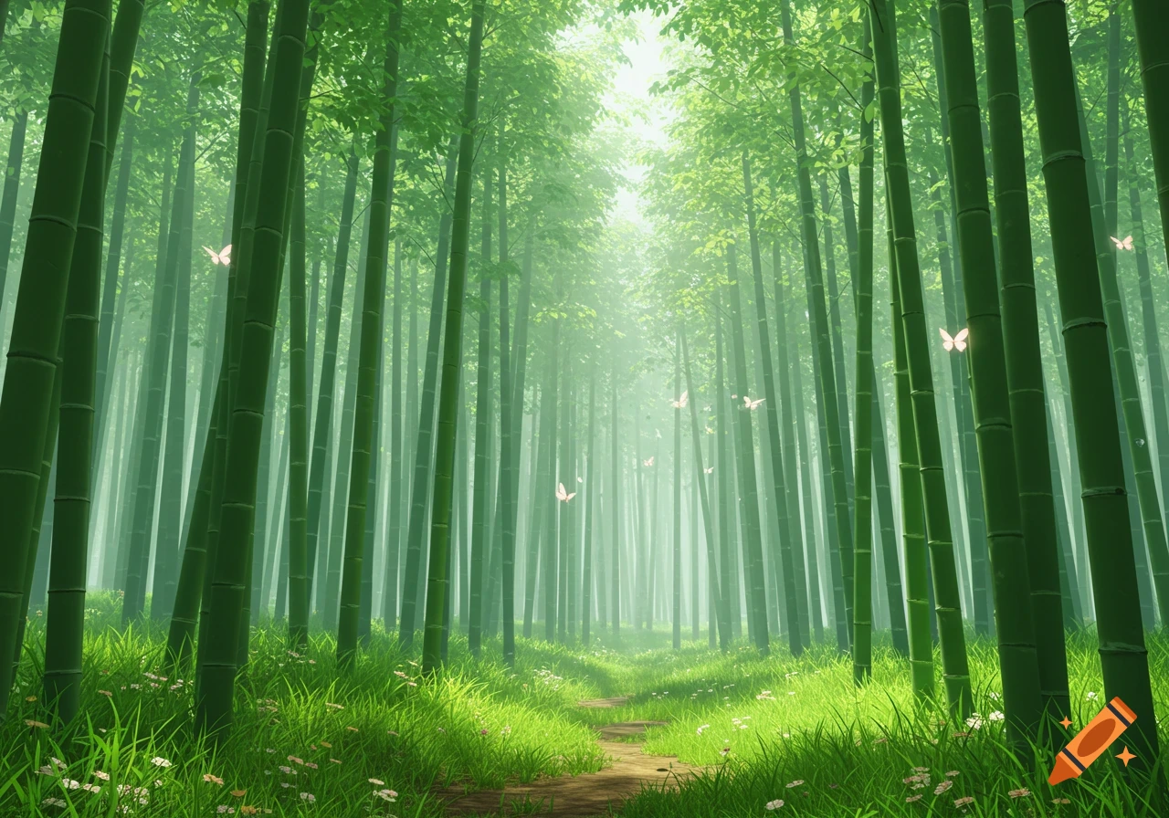 A vibrant green anime-style bamboo forest with sunlight, a winding path, and flying butterflies.