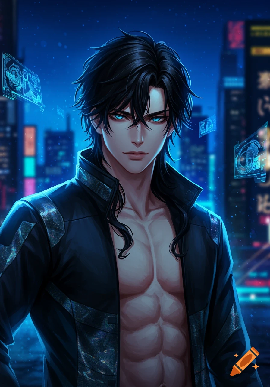 An anime illustration of a handsome man with black hair and glowing blue  eyes, wearing an open black jacket, revealing his muscular torso, in a  futuristic city at night. on Craiyon, image size:896x1280