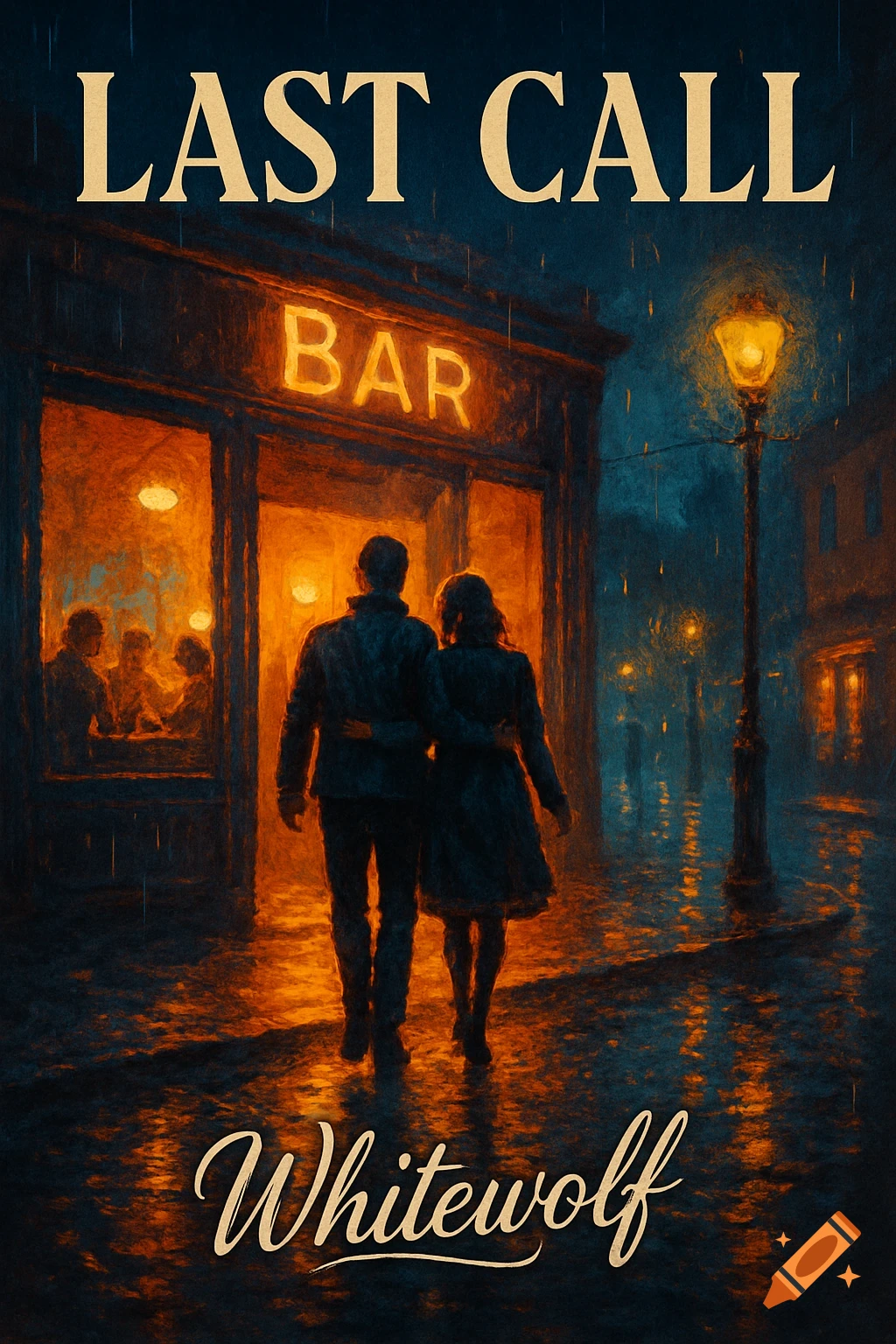 Painterly image of a couple walking arm-in-arm away from a brightly lit bar on a rainy night, with text 'LAST CALL' and 'Whitewolf'.