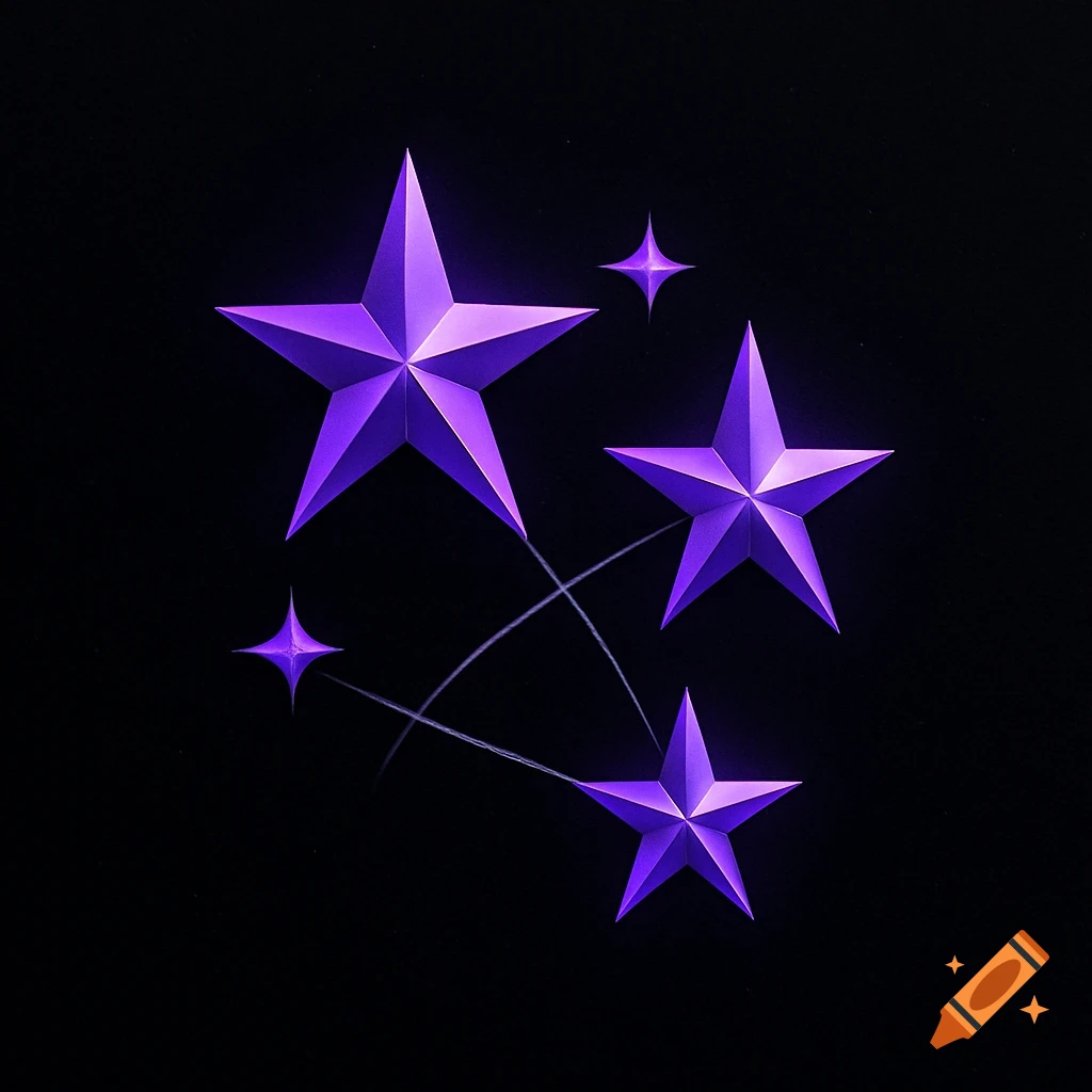 Five stylized purple stars with light trails on a black background, resembling a logo.