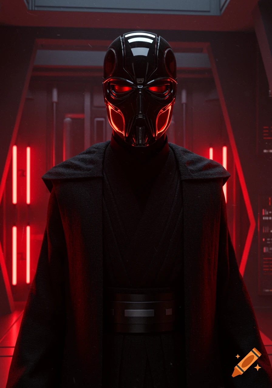 A menacing figure in a black futuristic mask with glowing red eyes, wearing dark robes, stands in a dimly lit, red-hued corridor.