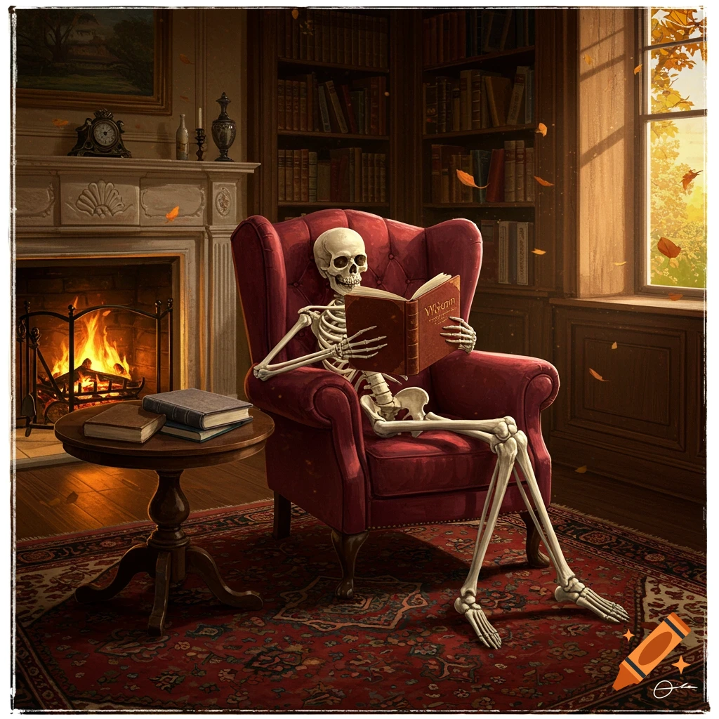 A skeleton sits comfortably in a red armchair by a fireplace, reading a book in a cozy library with autumn leaves blowing past a window.