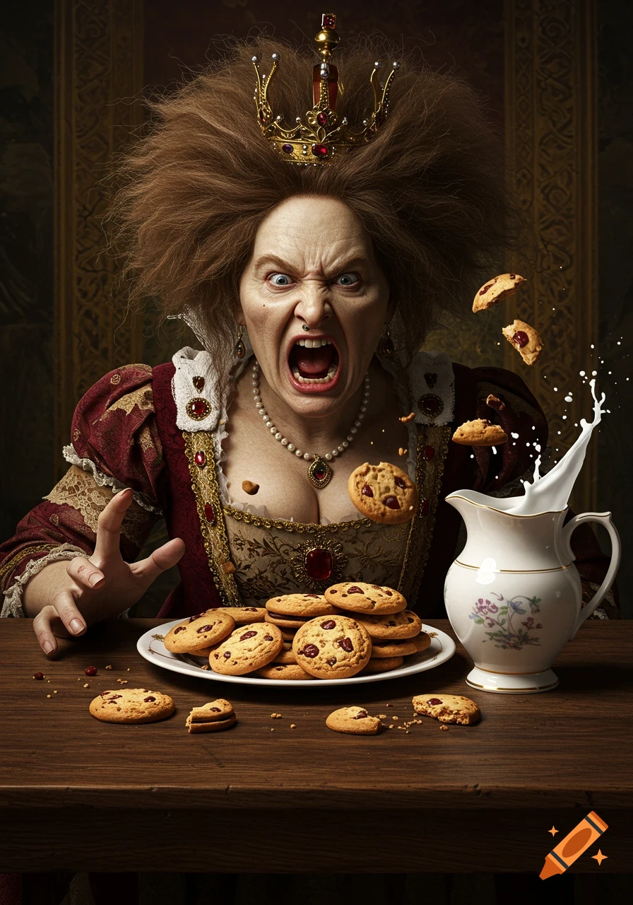 An enraged queen with frizzy hair and a crown screams at a plate of chocolate chip cookies, with milk splashing from a nearby pitcher.