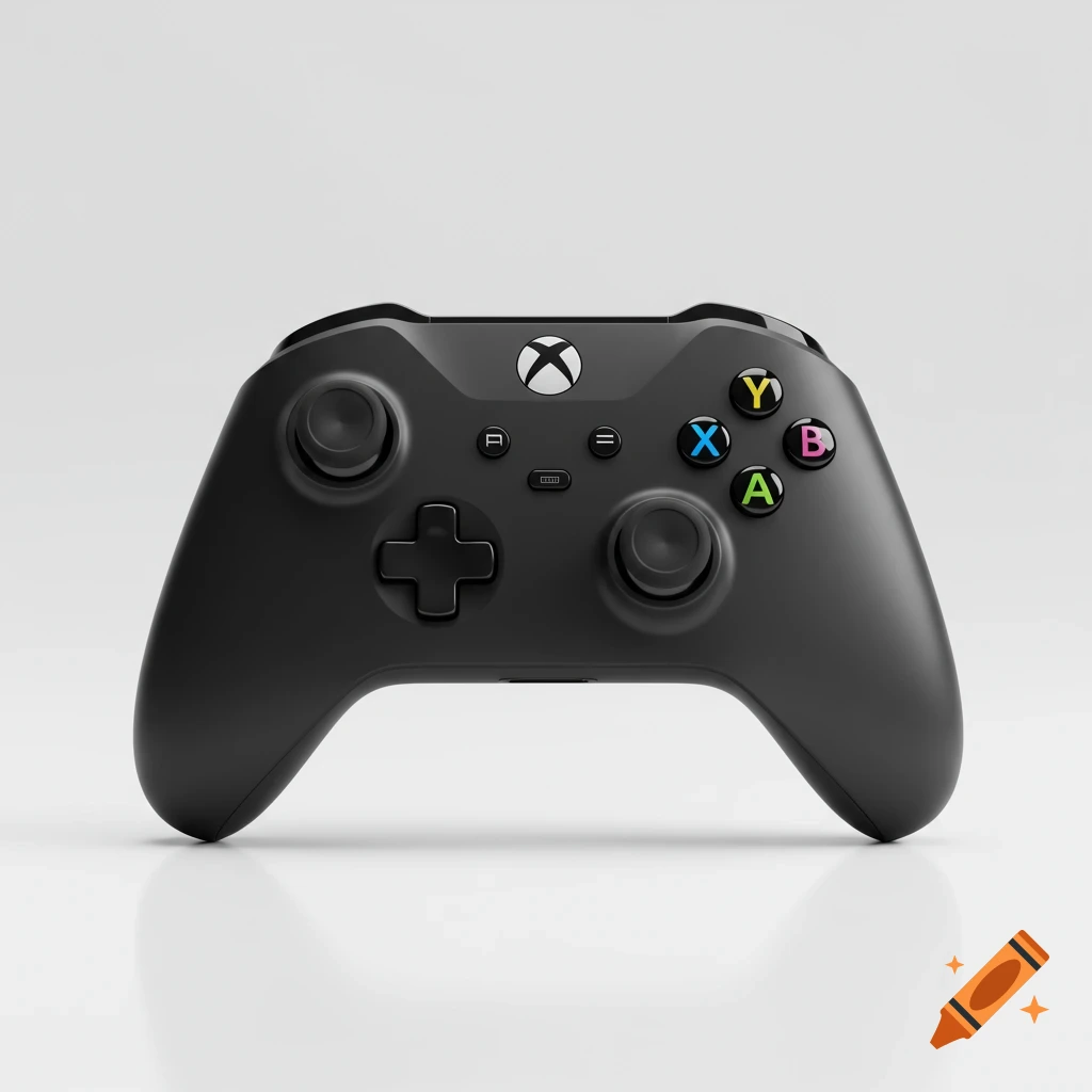 Black Xbox controller with colorful buttons resting on a white surface.