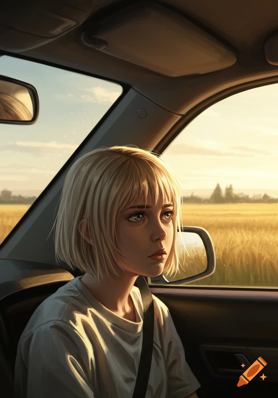 Digital art portrait of a blonde girl with a bob haircut looking contemplatively out a car window at a golden field during sunset.