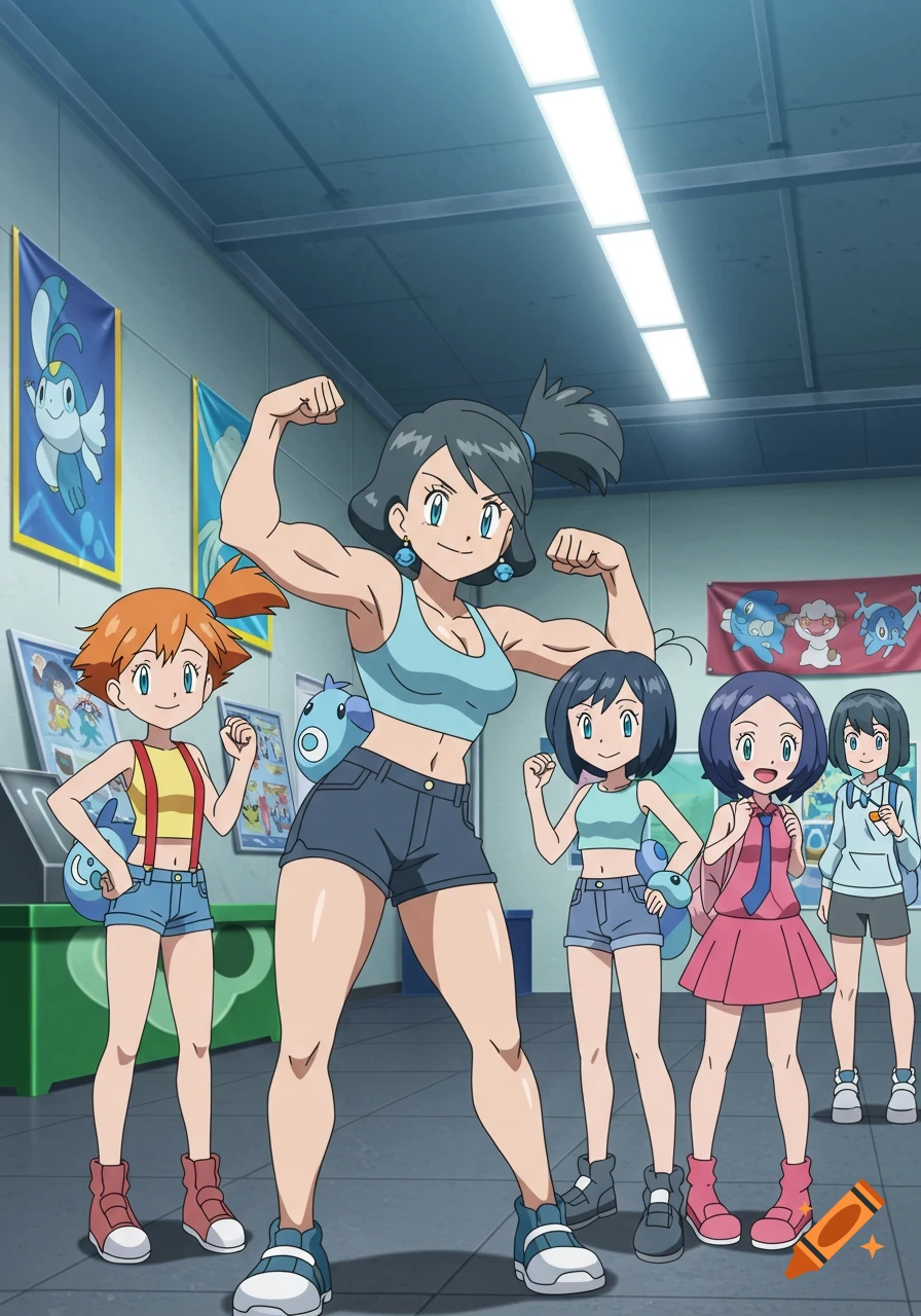 An anime-style image of a muscular woman flexing with Misty and other girls at a gym, with Pokémon posters in the background.