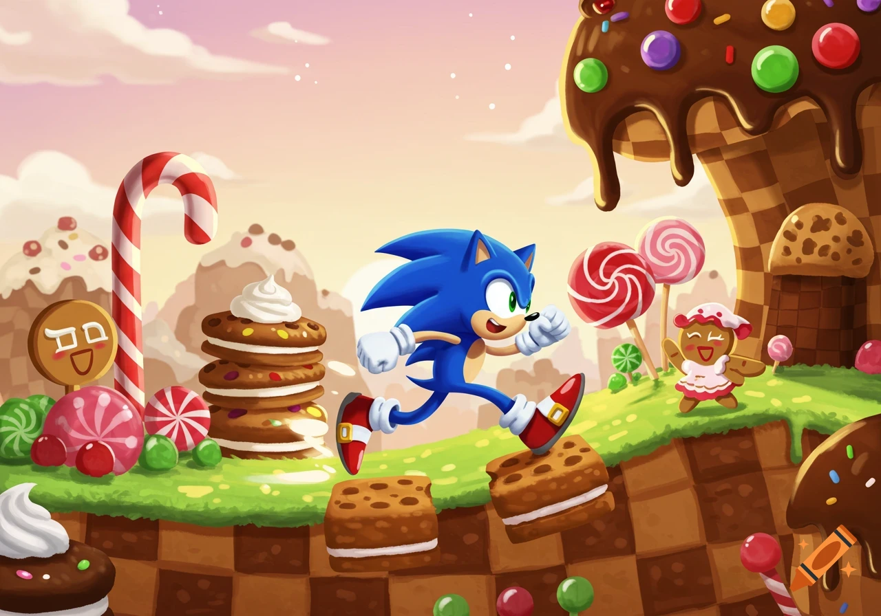Sonic the Hedgehog runs through a colorful candy land with gingerbread characters, chocolate hills, lollipops, and cookies in a cartoon style.