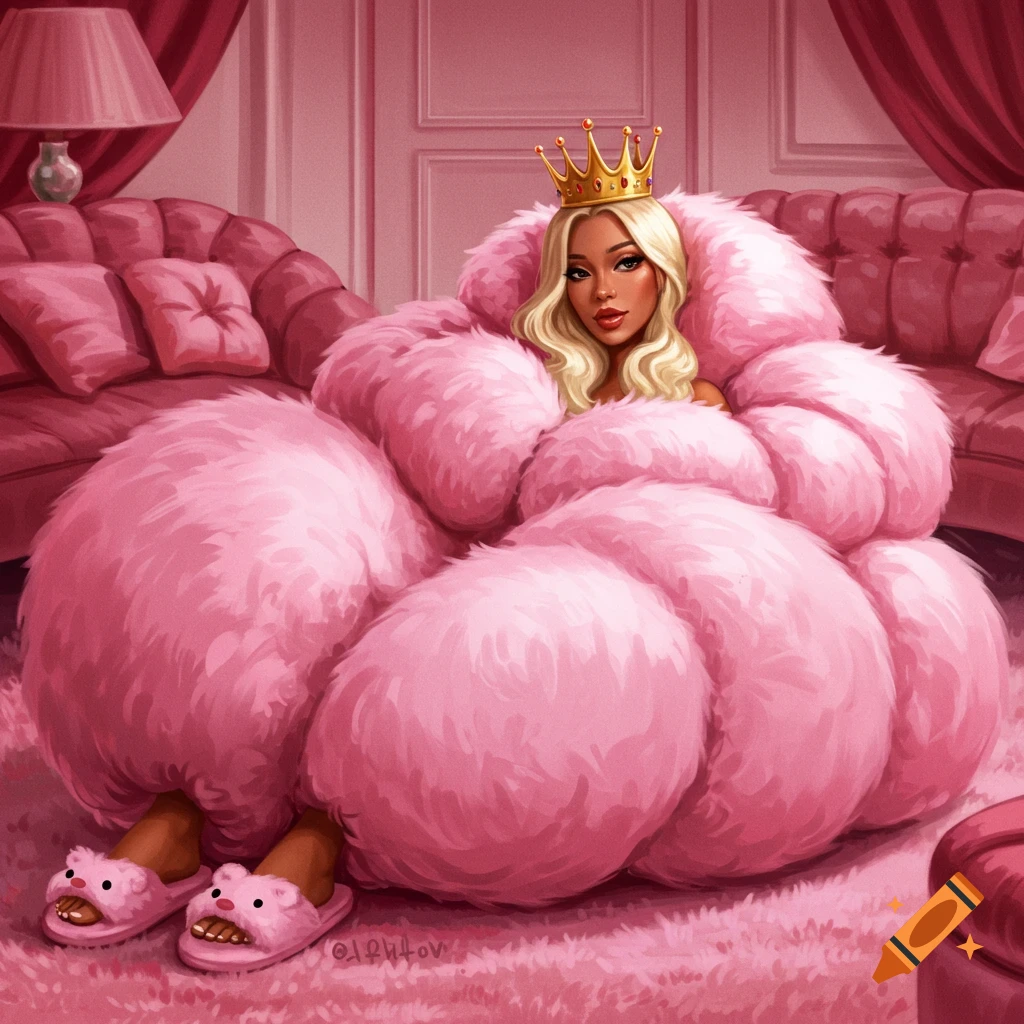 A woman with a crown and blonde hair in a puffy pink fur outfit and bear slippers sits in a plush pink room.