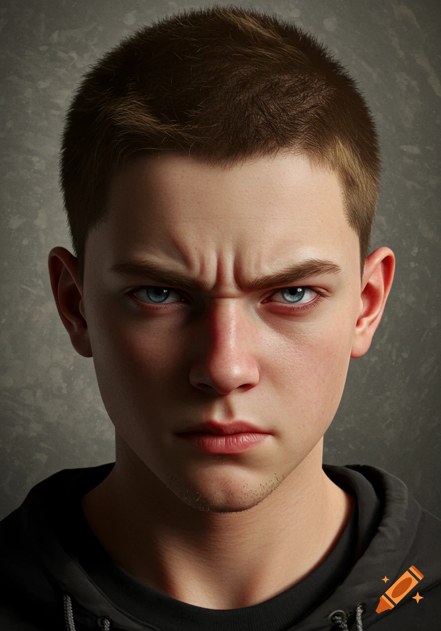 A close-up photorealistic portrait of a tense teenage boy with a buzzcut, blue eyes, and stubble.